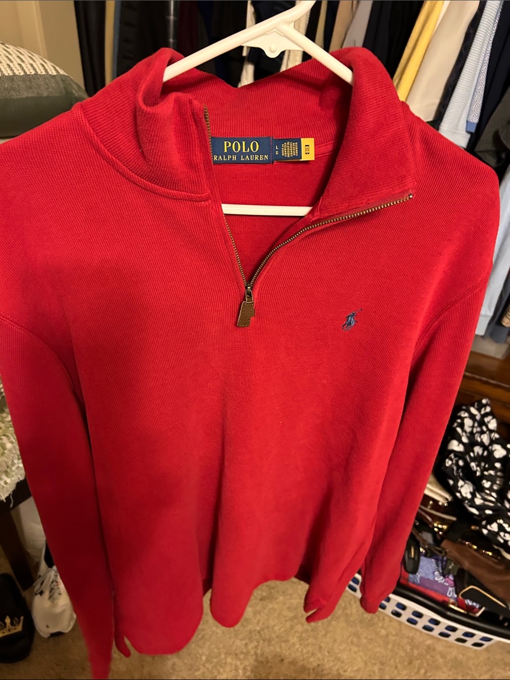 Polo by Ralph Lauren Men’s Red Quarter-Zip Sweater with Blue Pony